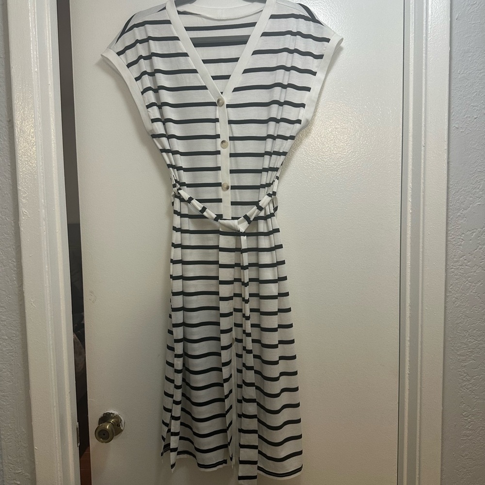 Navy Blue and White Striped Wrap Dress with V-Neck and buttons down the front